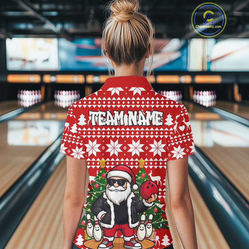 Funny Santa Christmas Women Bowling Polo, Quarter Zip Shirt Custom Team Bowling Jersey | Red NQS10936