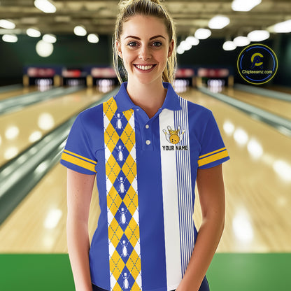 Retro Blue & Yellow argyle pattern Bowling shirts For Women custom bowling team jersey Bowler Outfits NQS11108