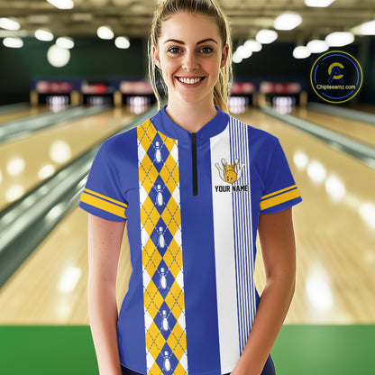 Retro Blue & Yellow argyle pattern Bowling shirts For Women custom bowling team jersey Bowler Outfits NQS11108