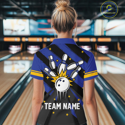 Retro Blue & Yellow argyle pattern Bowling shirts For Women custom bowling team jersey Bowler Outfits NQS11108