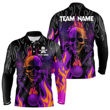 Load image into Gallery viewer, Personalized Purple Flame Skull Bowling Polo, Quarter Zip Shirts For Men Custom Team Bowling Jerseys NQS9252