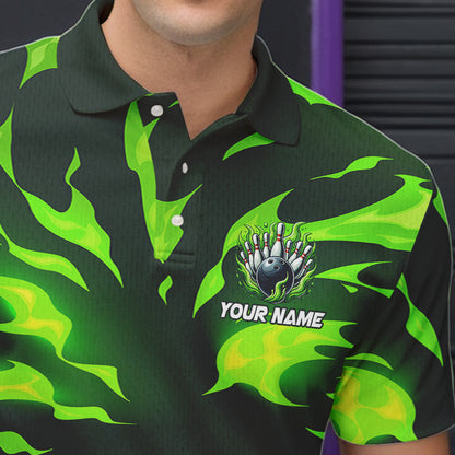 Men bowling Polo, Quarter Zip shirts Custom Green Flame Bowling Team Jersey, gift for team Bowlers NQS9602