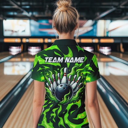 Women bowling Polo, Quarter Zip shirts Custom Green Flame Bowling Team Jersey, gift for team Bowlers NQS9602