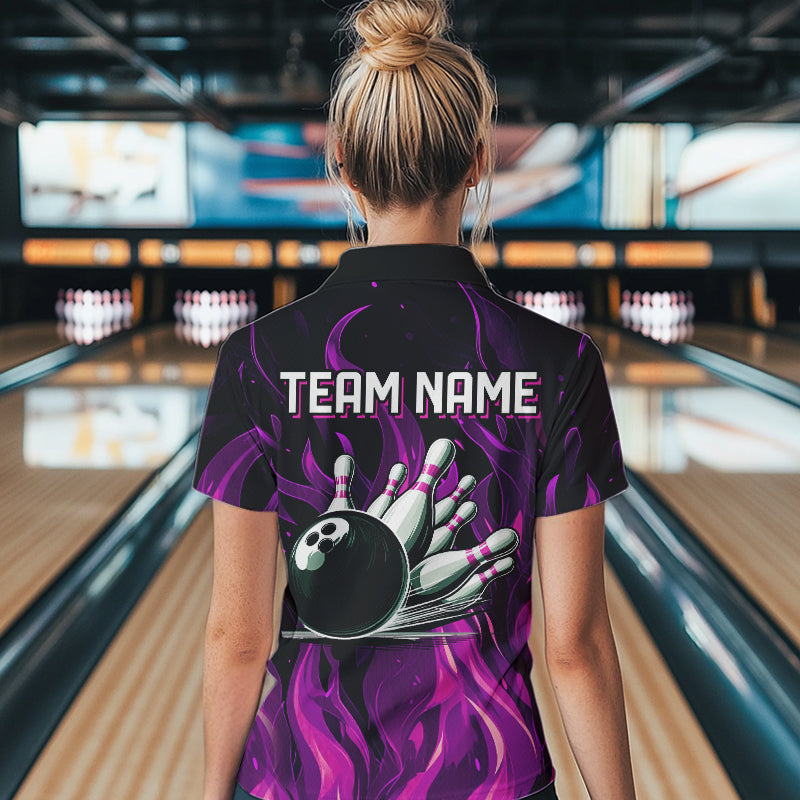 Women bowling Polo, Quarter Zip shirts Custom Pink Flame Bowling Team Jersey, gift for team Bowlers NQS9603