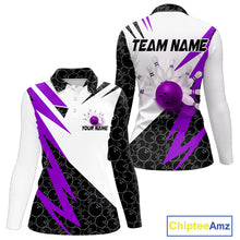 Load image into Gallery viewer, Black &amp; White Bowling Polo, Quarter Zip Shirt for Women Custom Lightning Team bowling jersey | Purple NQS10003