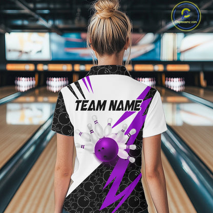 Black & White Bowling Polo, Quarter Zip Shirt for Women Custom Lightning Team bowling jersey | Purple NQS10003