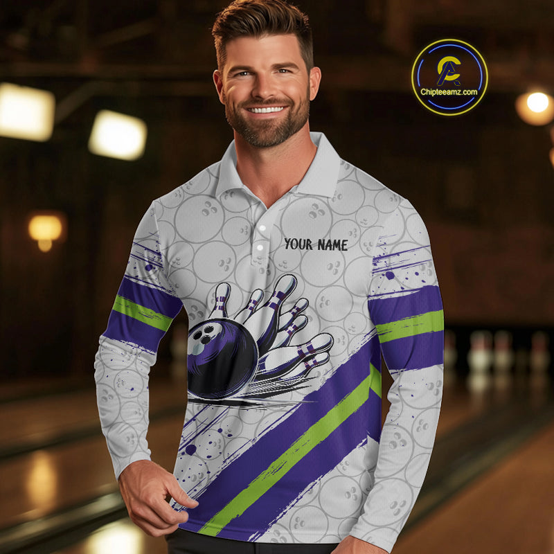 Purple and Green Bowling Camo Polo, 1/4 Zip Shirt for Men Custom Team bowling jersey gift for bowlers NQS10008