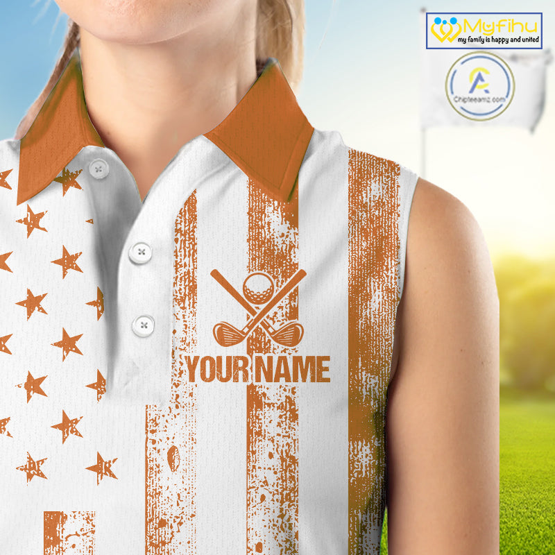 Personalized Orange & White American Flag Retro Women sleeveless polo shirt Patriotic laies golf top NQS10310