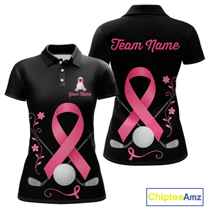 Pink ribbon golf ball clubs Black Women polo golf shirts Custom Breast cancer team golf jerseys NQS10507