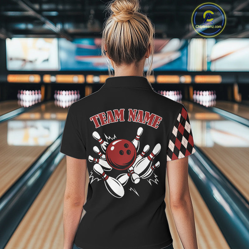 Black and Red Argyle Pattern Retro Women Bowling Polo, Quarter Zip Shirt Custom Team Bowling Outfit NQS10510