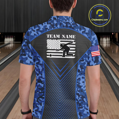 Mens Bowling Polo, Quarter Zip Shirts Custom blue camo American flag team bowling League Jerseys NQS11116