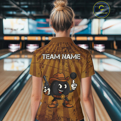 Funny Bowling Cowboy vintage retro Bowling Shirt for Women Custom Team ladies bowling outfits | Brown NQS11128