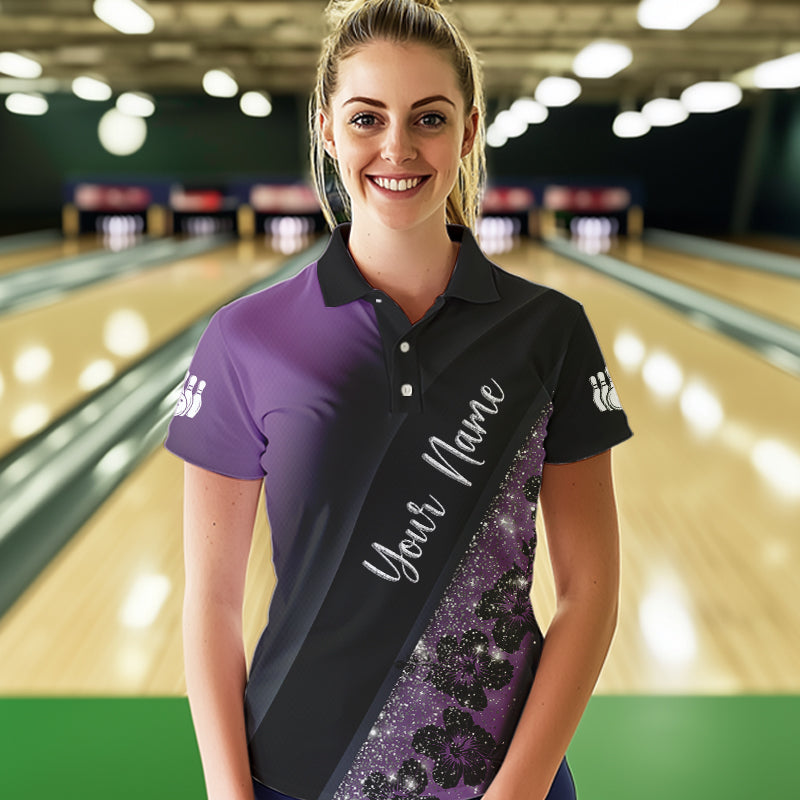 Black and Purple Glitter Flower Bowling Polo, Quarter Zip Shirt for Women Custom Bowling Team Jerseys NQS9432