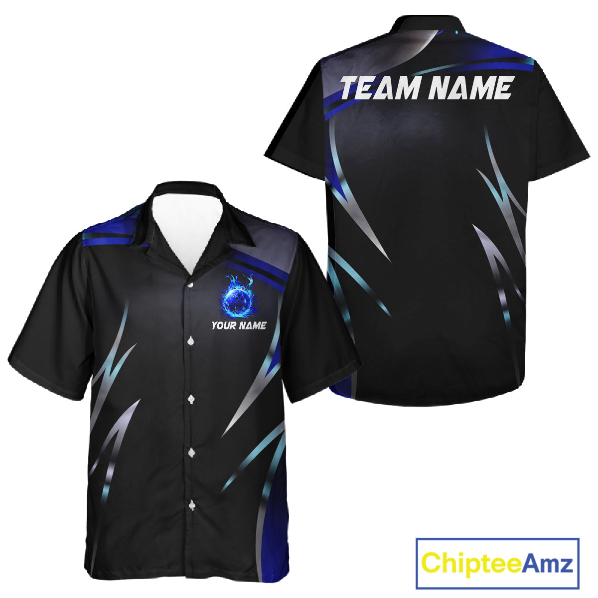 Black and blue Bowling Hawaiian Shirt Custom Team bowling button up shirts with flames NQS11531