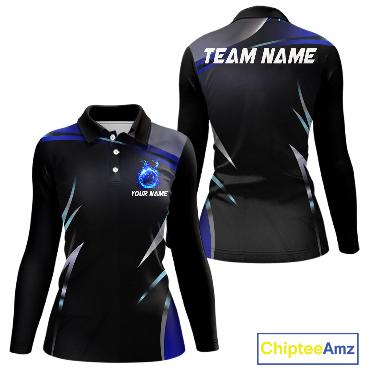 Black and blue Bowling Polo, Quarter Zip Shirts for Women Custom Team bowling shirts with flames NQS11531