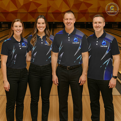 Black and blue Bowling Polo, Quarter Zip Shirts for Women Custom Team bowling shirts with flames NQS11531