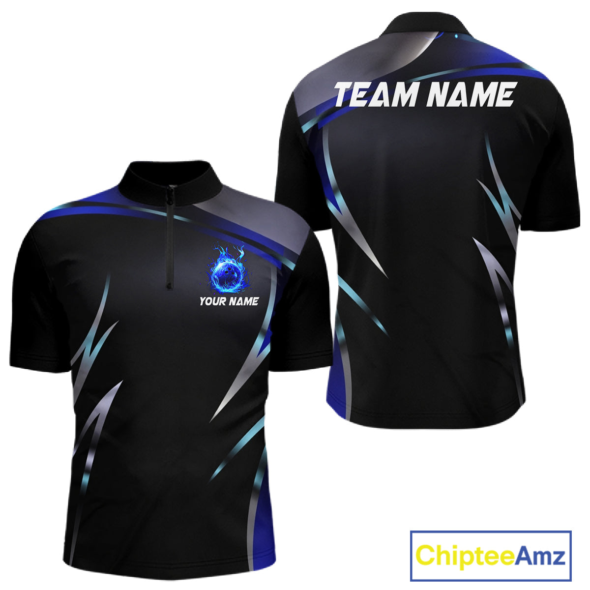 Black and blue Bowling Polo, Quarter Zip Shirts for Men Custom Team bowling shirts with flames NQS11531