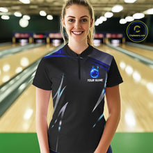 Load image into Gallery viewer, Black and blue Bowling Polo, Quarter Zip Shirts for Women Custom Team bowling shirts with flames NQS11531