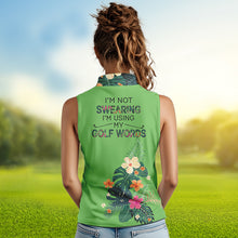 Load image into Gallery viewer, Green tropical leaf Womens sleeveless polo shirt custom name I am not swearing I'm using my golf words NQS9754