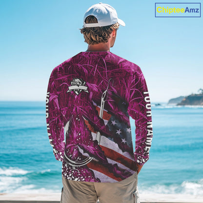 American flag fish hook pink camo fishing custom sun protection performance long sleeve fishing shirt NQS10011