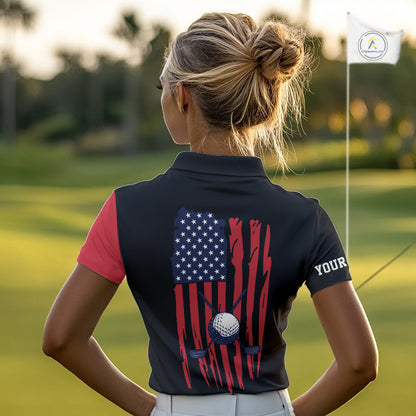 American Flag Golf polo shirts For Women custom patriotic golf top for ladies, golfing gifts | Black NQS10016