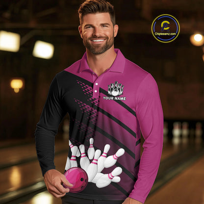 Black and Pink Bowling Polo, Quarter Zip shirts for Men Custom name bowling team league jerseys NQS10177