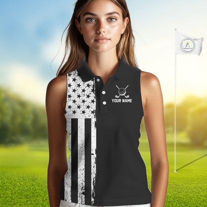 Black and White American Flag Women Sleeveless golf polo shirts Custom patriotic team golf uniform NQS10018