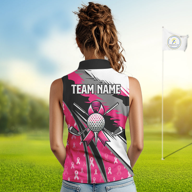Sleeveless polo shirt Custom pink ribbon pattern ladies golf clothes, Breast cancer shirt for golfer NQS10516