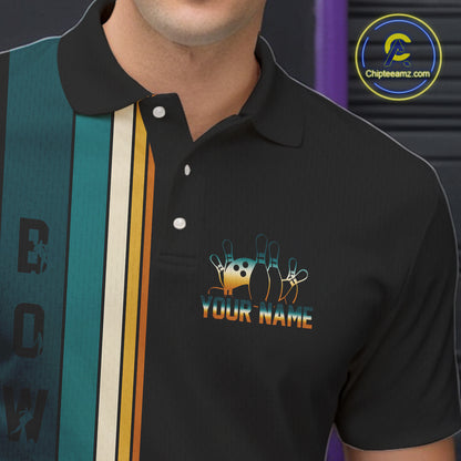 Black and Green Retro Bowling Polo, Quarter Zip Shirts for Men Custom Team Bowling League Jerseys NQS10744