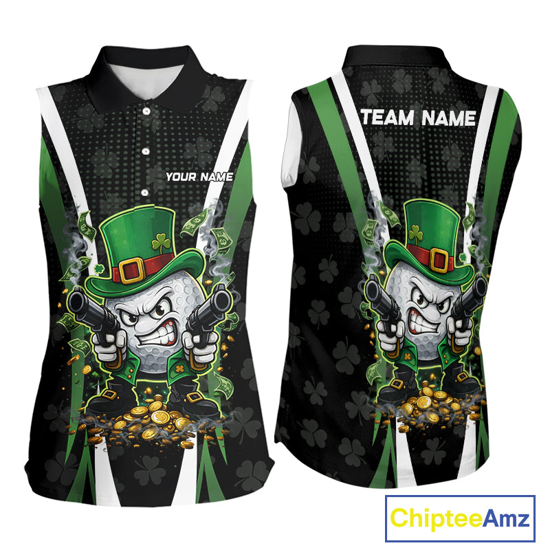 Funny St Patrick cowboy golf ball gunner Womens sleeveless golf polo shirt Custom ladies golf outfit NQS11542