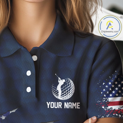 Personalized American Flag Women golf polo shirt, Patriotic Golf Team Shirts For ladies | Navy Blue NQS10179