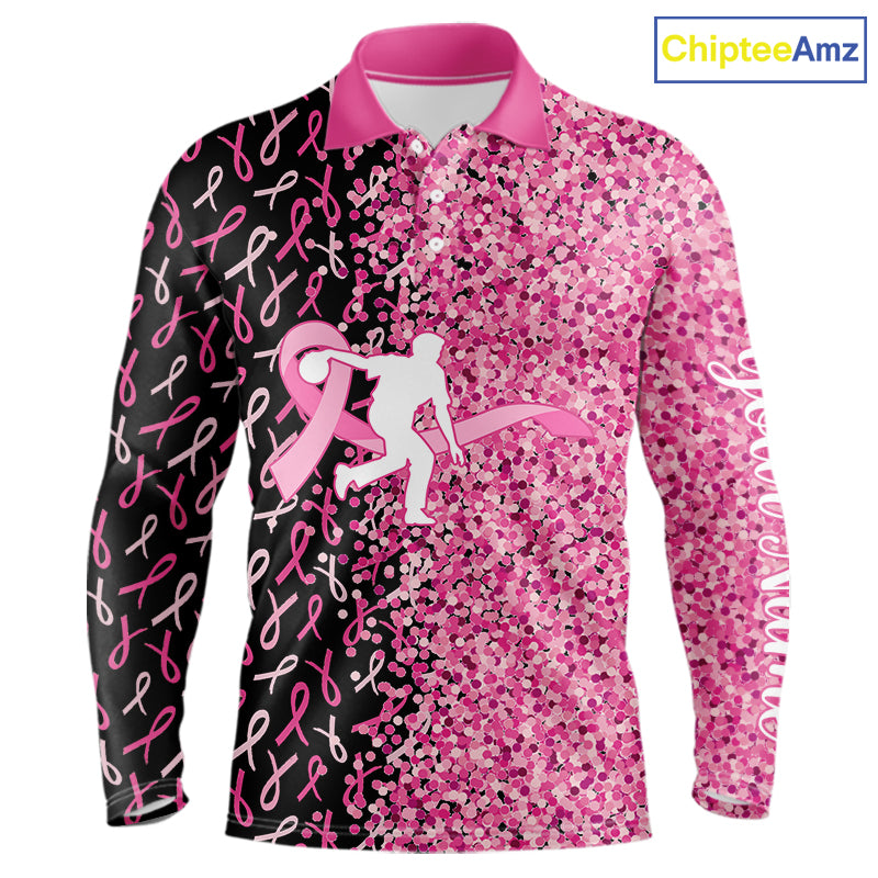 Pink glitter ribbon black Bowling Shirts For Men Custom Breast cancer bowling shirts gift for bowlers NQS10180