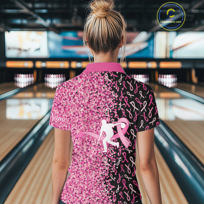 Pink glitter ribbon black Bowling Shirts For Women Custom Breast cancer bowling shirt gift for bowler NQS10180