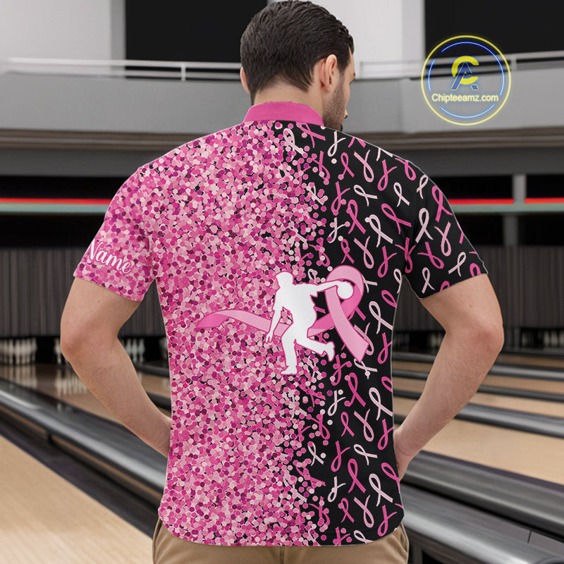 Pink glitter ribbon black Bowling Shirts For Men Custom Breast cancer bowling shirts gift for bowlers NQS10180