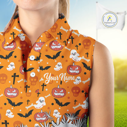 Personalized funny orange Halloween pattern Women sleeveless golf polo shirts best ladies golf wears NQS10314