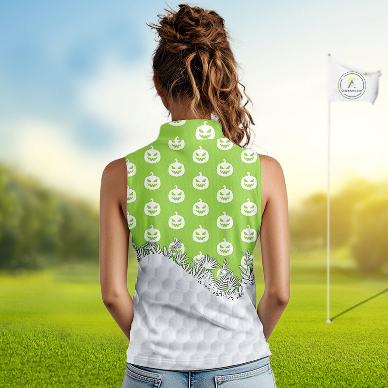 Personalized green pumpkin Halloween pattern Women sleeveless golf polo shirts best ladies golf wears NQS10316