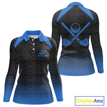 Load image into Gallery viewer, Women golf polo shirts custom black and blue hexagon pattern golf outfits ladies, cool golf gifts NQS10317