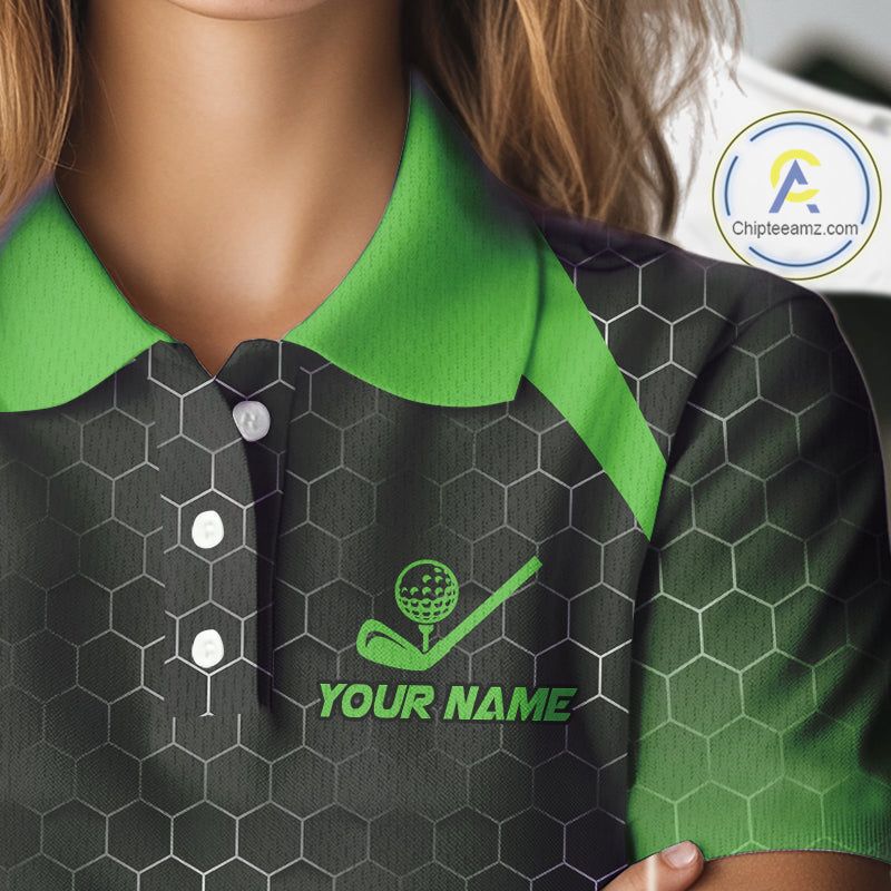 Women golf polo shirts custom black and green hexagon pattern golf outfits ladies, cool golf gifts NQS10318