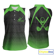 Load image into Gallery viewer, Women sleeveless polo shirt custom black and green hexagon pattern golf outfit ladies, cool golf gift NQS10318