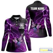 Load image into Gallery viewer, Women bowling polo shirts Custom purple lightning thunder Bowling Team Jersey, gift for team Bowlers NQS6220
