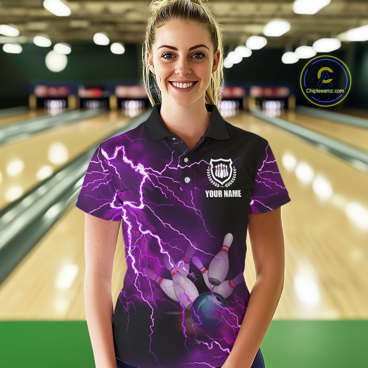 Women bowling polo shirts Custom purple lightning thunder Bowling Team Jersey, gift for team Bowlers NQS6220