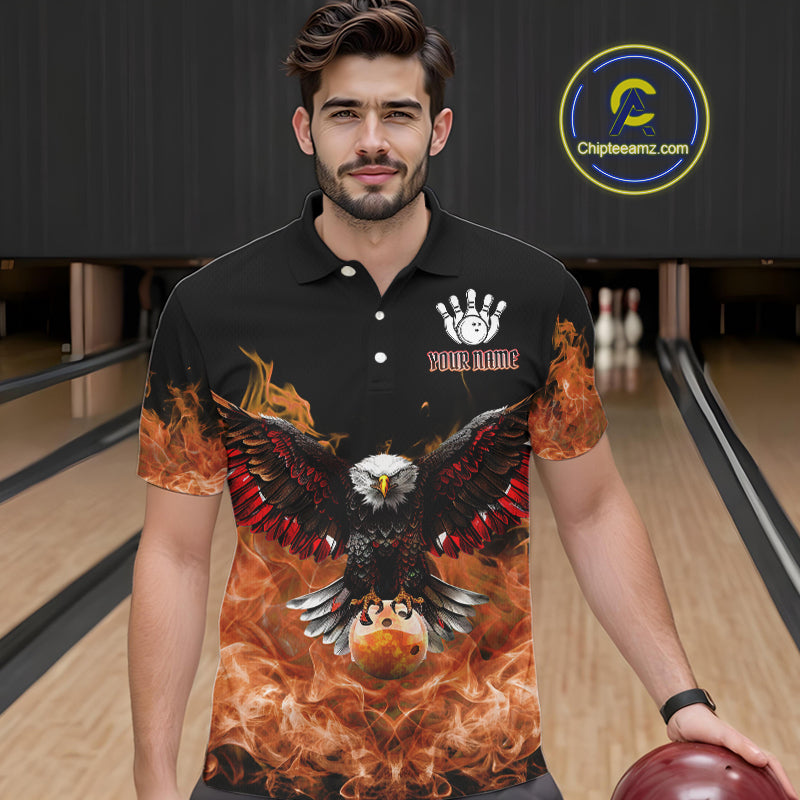 Orange Flame Smoke American Flag Eagle Skull Mens Bowling Shirts Custom Patriotic Bowling Team Jersey NQS10526