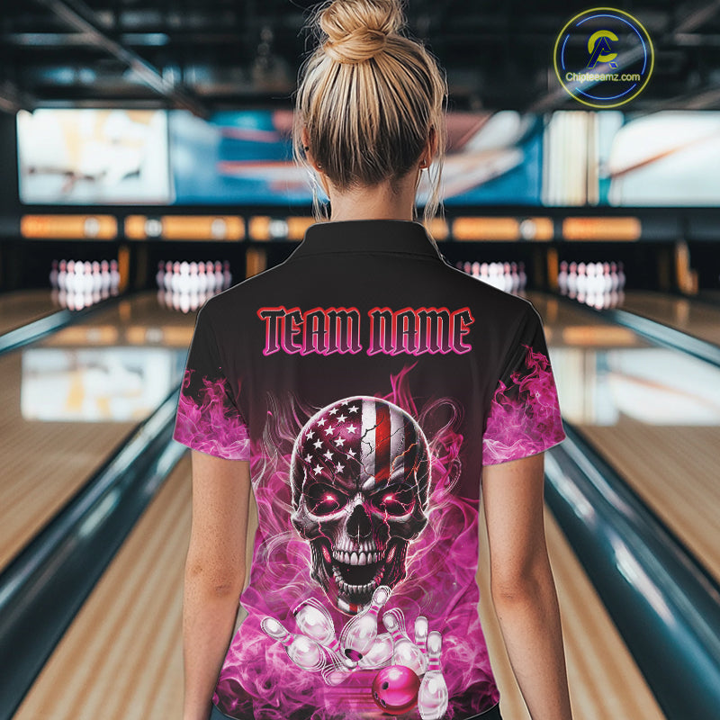 Pink Flame Smoke American Flag Eagle Skull Women Bowling Shirt Custom Patriotic Bowling Team Jersey NQS10527