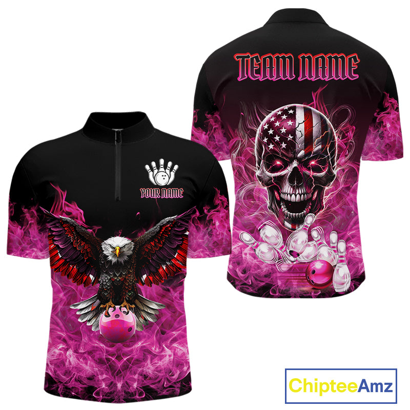 Pink Flame Smoke American Flag Eagle Skull Mens Bowling Shirts Custom Patriotic Bowling Team Jersey NQS10527