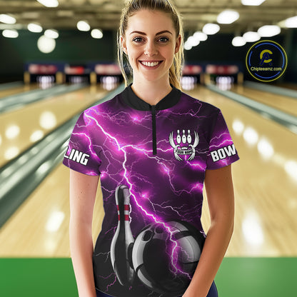 Pink Lightning Thunder Black Bowling Polo, Quarter zip Shirt for Women custom bowling team jersey NQS10530