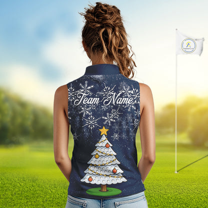 Funny Christmas Tree snowflake Womens sleeveless polo shirt Custom ladies Christmas golf shirt | Navy NQS10952