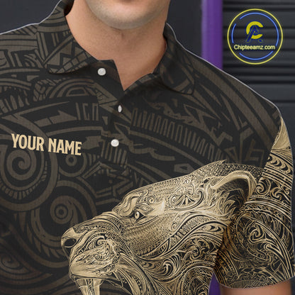Black and Gold Lion Tribal Bowling Polo, 1/4 Zip Shirts For Men Custom Retro Bowling Team Jerseys NQS11149
