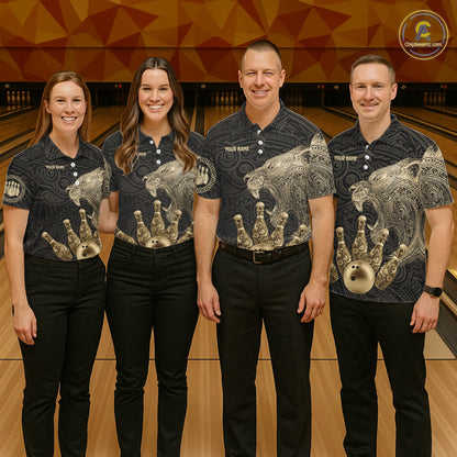 Black and Gold Lion Tribal Bowling Polo, 1/4 Zip Shirts For Men Custom Retro Bowling Team Jerseys NQS11149