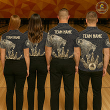 Load image into Gallery viewer, Black and Gold Lion Tribal Bowling Polo, 1/4 Zip Shirts For Women Custom Retro Bowling Team Jerseys NQS11149