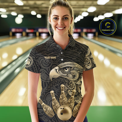 Black and Gold Eagle Tribal Bowling Polo, 1/4 Zip Shirts For Women Custom Retro Bowling Team Jerseys NQS11150